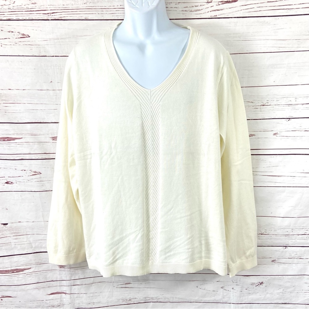 Talbots Sweater Women’s 3X Ivory Long Sleeves V-Neck Neck 100% Cotton